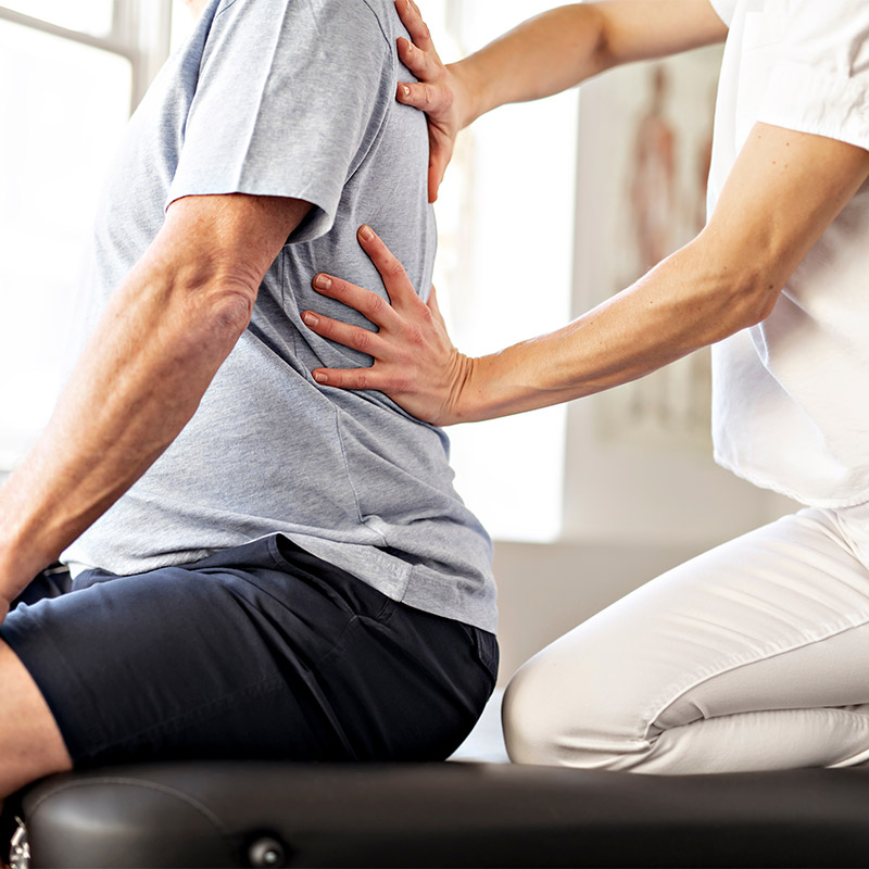 A person in a grey shirt sits on an examination table while a healthcare professional in white presses hands on their lower back, performing a physical assessment.