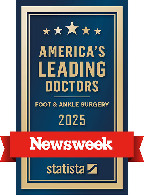 A blue and gold badge reads "America's Leading Doctors: Foot & Ankle Surgery 2025" with a red banner labeled "Newsweek" across it. The Statista logo appears at the bottom.