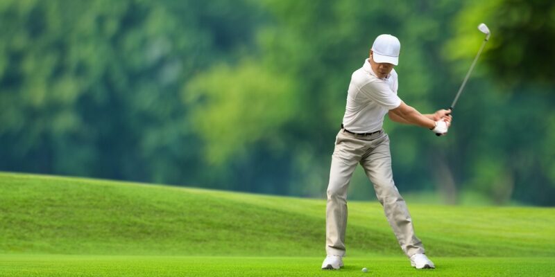 A golfer in a white shirt, khaki pants, and a white cap swings a club on a lush green golf course, preparing to hit a golf ball. Trees and greenery are visible in the blurred background.